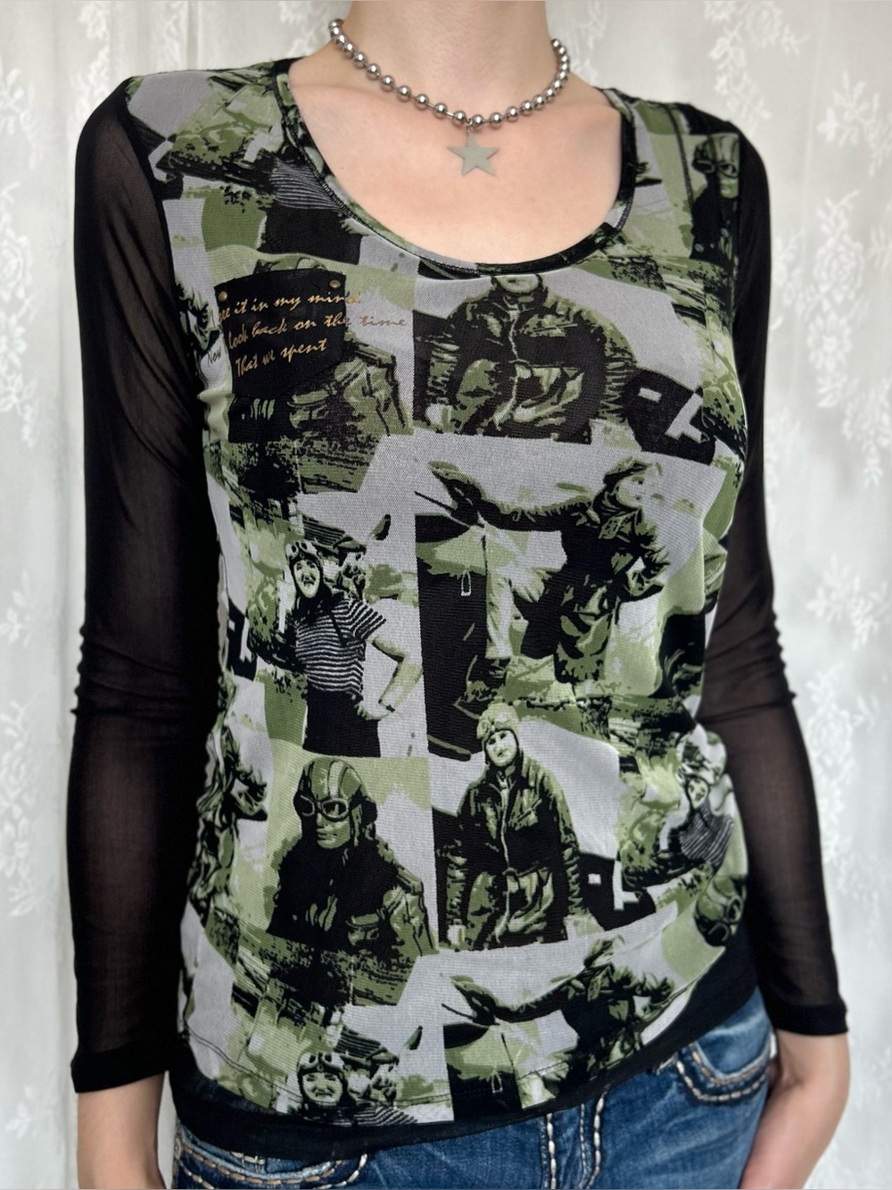 Grunge Magazine Sheer Long Sleeve Blouse